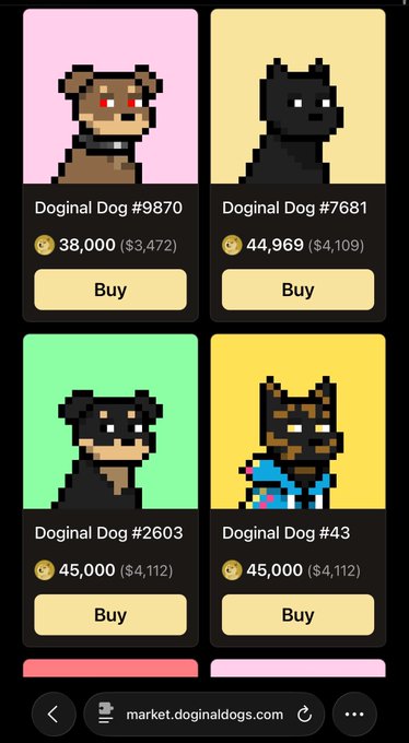 A screenshot from market.doginaldogs.com displays four Doginal Dog NFT listings (#9870, #7681, #2603, and #43) priced between 38,000 and 45,000 DOGE ($3,472–$4,112), illustrating the speculative argument that DOGE reaching $1.00 would multiply these already-thousand-DOGE holdings into massive dollar returns.
