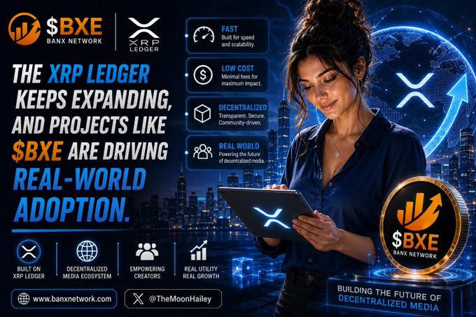 An advertisement for $BXE (Banx Network) on the XRP Ledger, highlighting features like 'FAST Built for speed and scalability,' 'LOW COST Minimal fees for maximum impact,' and 'DECENTRALIZED Transparent. Secure. Community-driven.'