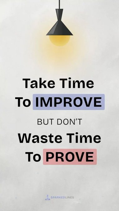 A minimalist motivational poster featuring a hanging lamp displays the text: 'Take Time To IMPROVE BUT DON'T Waste Time To PROVE' with 'SPARKEDLINES' at the bottom.