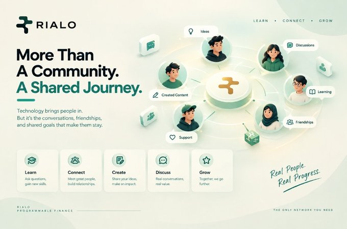 A promotional graphic for 'RIALO' with the tagline 'More Than A Community. A Shared Journey,' featuring illustrated avatars connected to icons representing Ideas, Discussions, Created Content, Learning, Support, and Friendships.