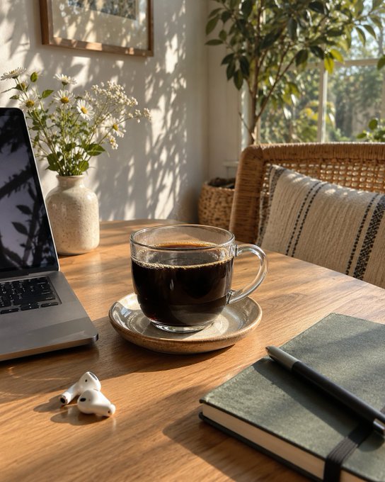 A cozy desk scene features a cup of black coffee, an open laptop, a notebook with a pen, a vase of white flowers, and a small white figurine on a wooden table bathed in sunlight.
