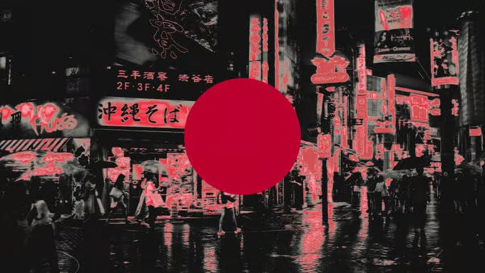 A red sun motif overlays a black-and-white street scene of Tokyo, with visible signage including "沖縄そば" and "2F·3F·4F," evoking the Japanese setting tied to Bitcoin Japan's $60 million financing plan.