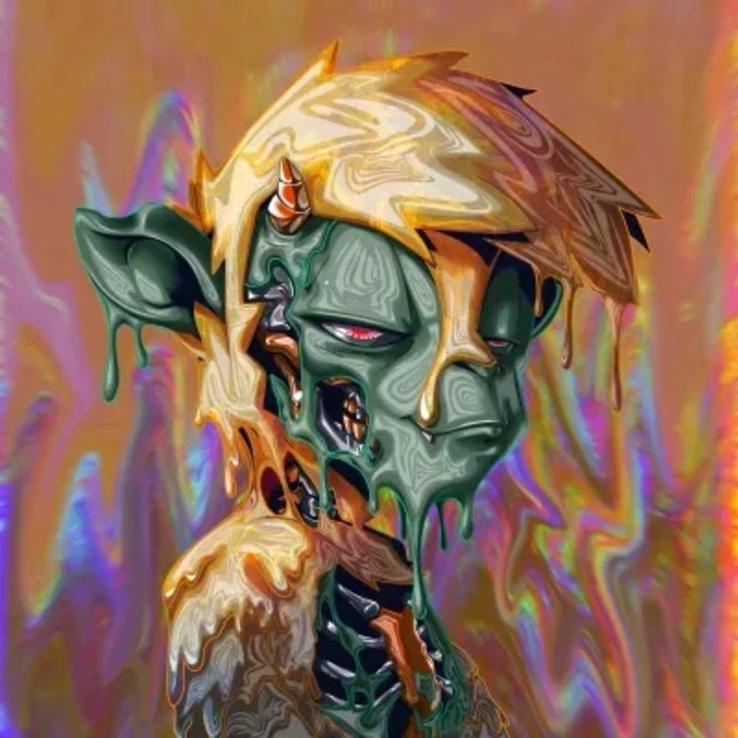 A surreal digital painting of a melting green-skinned zombie-like figure with a golden helmet that drips down its face, set against a psychedelic swirling background of orange, pink, and purple.