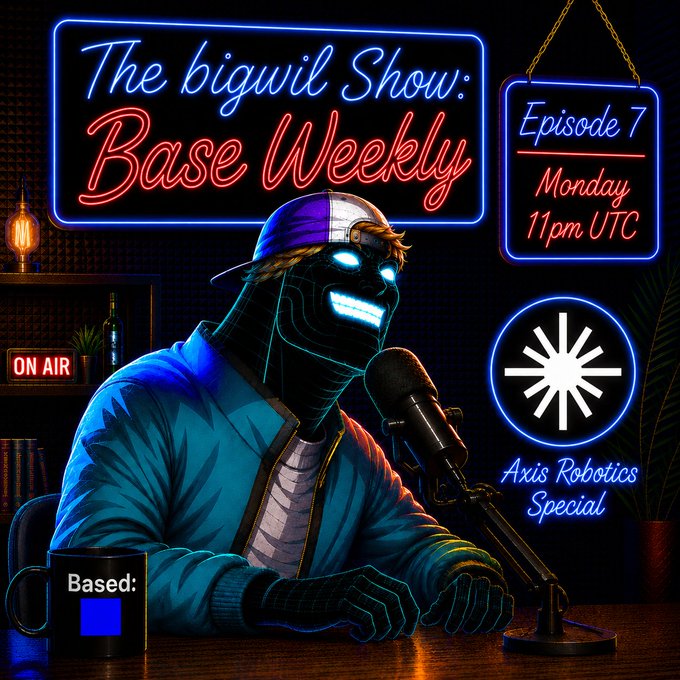 Neon-lit promotional graphic for "The bigwul Show: Base Weekly" Episode 7 airing Monday 11pm UTC, featuring a robotic figure in a backwards cap and jacket speaking into a microphone, with the "Axis Robotics Special" logo prominently displayed. A coffee mug reads "Based:" with a blue square, reinforcing the show's branding around the upcoming robotics-focused episode.