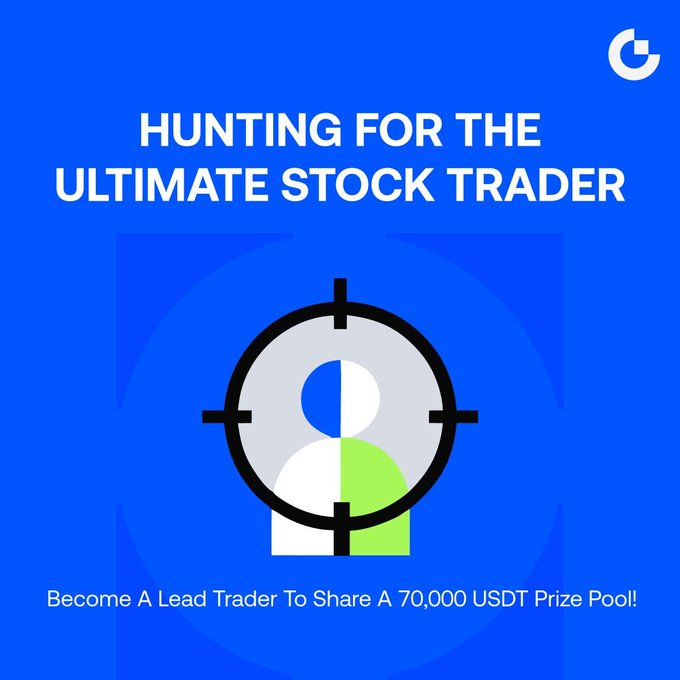 A promotional graphic with a blue background features a target/crosshair design over a person icon, with the headline "HUNTING FOR THE ULTIMATE STOCK TRADER" and a callout to "Become A Lead Trader To Share A 70,000 USDT Prize Pool!"—visually reinforcing the campaign to recruit lead traders for Gate.io's stock copy trading program and its 70,000 USDT prize.