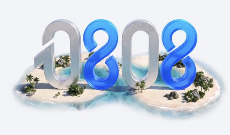 A 3D-rendered graphic displays large blue and silver numbers '2022' rising from a tropical island setting complete with sandy beaches, palm trees, and turquoise water.