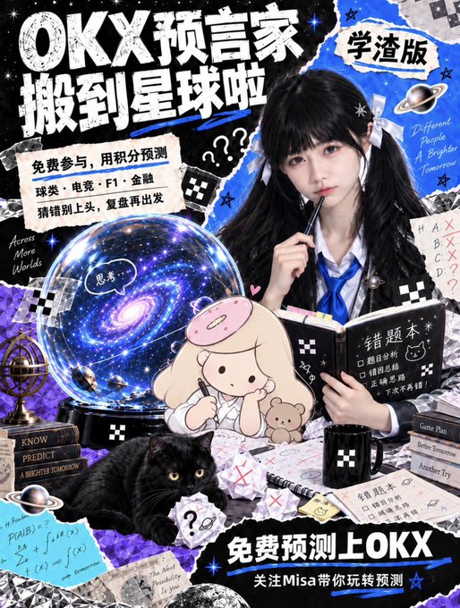 A promotional poster featuring the text 'OKX 预言家搬到星球啦' and '免费预测上OKX', showing a young woman in a school uniform holding a book titled '错题本' next to a crystal ball and a cartoon character with a thought bubble reading '思考?'.