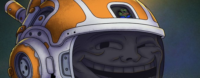 A stylized illustration of a character with a mischievous grin wearing an orange and white space helmet with a small frog figure inside.