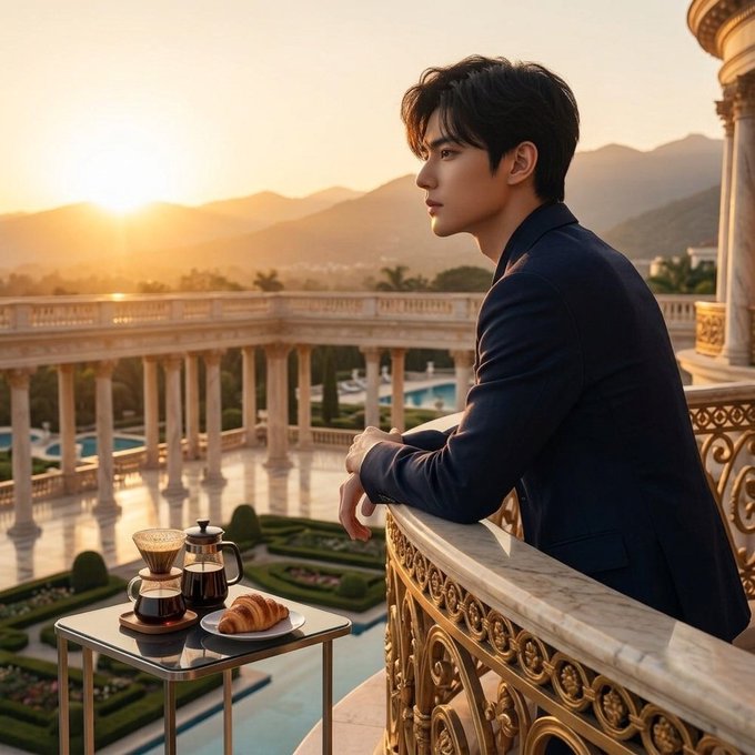An East Asian man in a dark suit stands on an ornate balcony overlooking classical columns and a sunset, with a small table holding coffee and a croissant in the foreground.