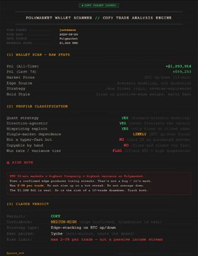 A red themed Polymarket analysis engine screenshot for BTC price comparing Coinbase, OKX, and Binance feeds, showing a Mid-market score of 6679.213, profile metrics like YES/NO percentage, high volume, arbitrage spread (0.01%), and a liquidation verdict of NEUTRAL-MEDIUM at 25 cents.