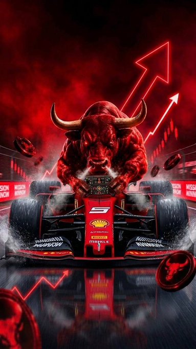A dramatic red-toned digital artwork of a bull charging forward on a Formula 1 race track with rising arrow graphics, symbolizing a bullish market trend for Ferrari.