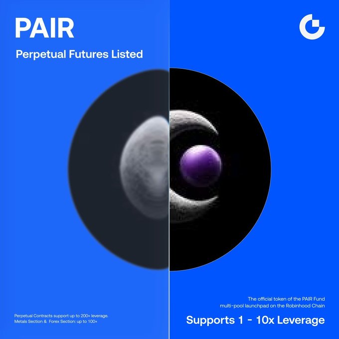A promotional graphic for Gate.io's new perpetual futures listing of $PAIR/USDT, featuring a split eye/planet design in a circular frame against a blue background, noting support for 1-10x leverage and describing it as the official token of the PAIR Fund multi-pool launchpad on the Robinhood Chain.