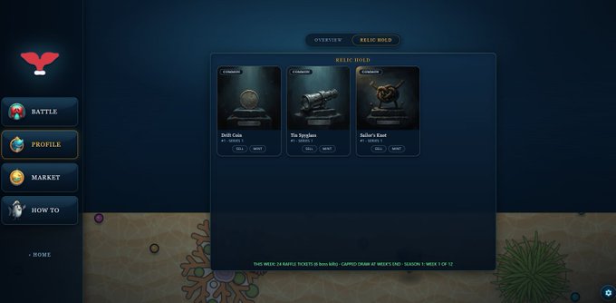 A video game interface screen showing 'RELIC HOLD' items including 'Doll Coin', 'The Apostles', and 'Julie's Coat', with a side menu featuring BATTLE, PROFILE, MARKET, and HOW TO options.