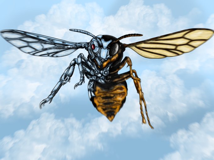 A cybernetic wasp with metallic chrome armor on one side and a natural amber-and-black striped body on the other hovers against a backdrop of fluffy clouds, embodying the "fusion of flesh and steel" described in the post about an upcoming NFT collection. The artwork illustrates the artist's theme of combining organic insect anatomy with mechanical components, creating a striking hybrid creature destined for minting on Art Collect.