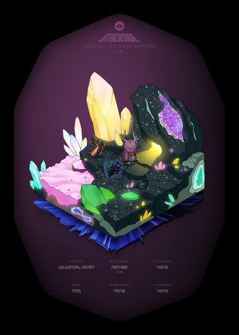 A digital illustration of a fantasy game scene titled 'CRYSTAL INCARNATE EXPANSE' featuring a small character surrounded by glowing crystals and mushrooms on a floating platform.