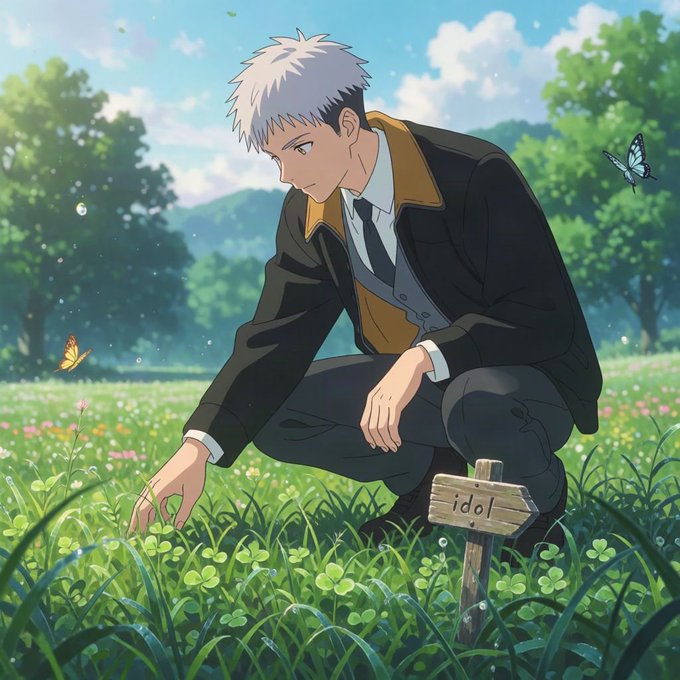 An anime-style illustration shows a silver-haired man in a suit crouching in a field of clover and flowers, with butterflies around him and a wooden sign reading 'idol'.