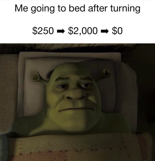 A Shrek meme showing the character's face on a pillow with the caption 'Me going to bed after turning $250 ➔ $2,000 ➔ $0', depicting crypto trading losses.