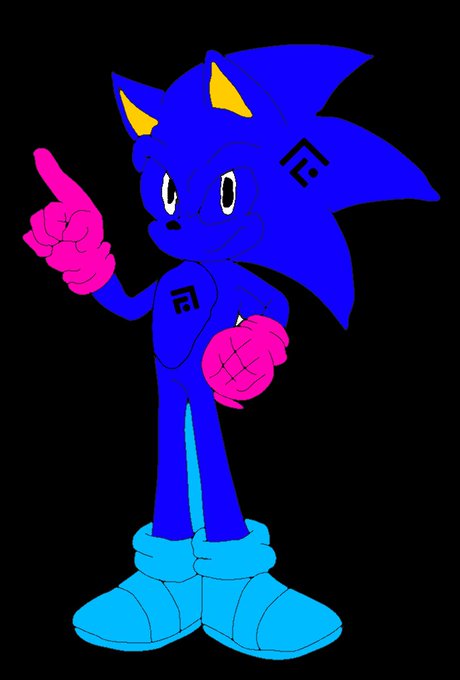 A hand-drawn blue Sonic the Hedgehog-style character with pink gloves, cyan shoes, and a logo on its chest pointing upward.