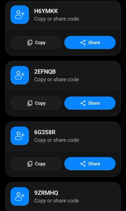 A mobile app interface displays a list of referral codes (H6YMKK, 2EFNQB, 6G358R, 9ZRMHQ) with 'Copy or share code' text and blue 'Copy' and 'Share' buttons for each entry.