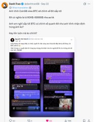 A Facebook post screenshot from DinhTran showing screenshots of a group chat conversation in Vietnamese regarding a 'ROSE 999999' rose item in Garena Free Fire and questions about BTC and BTC/USDT pair transactions.