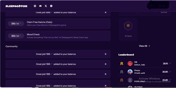 A screenshot of the Sleepagotchi quest hub showing daily tasks like "Claim Free Gatcha (Daily)" for 250 points and "Mood Check" for 350 points, with a leaderboard displaying top users like "ZIR" with 28.1K and "Cheyyy" with 26.8K. The image supports the post's message about how completing daily quests has become a routine habit, visually demonstrating the accessible tasks and rewards that make the experience quick and engaging.