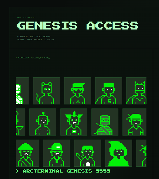 A retro pixel-art style digital interface titled "GENESIS ACCESS" displaying a grid of green character avatars under the heading "> GENESIS://BLOCK_STREAM".