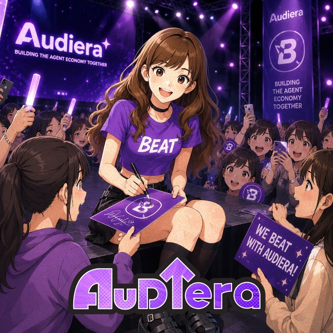 An anime-style illustration promoting 'Audiera' with the tagline 'BUILDING THE AGENT ECONOMY TOGETHER,' featuring a brown-haired girl in a purple 'BEAT' shirt signing autographs for fans.