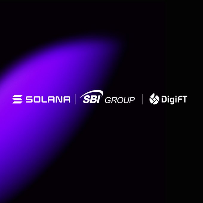 The image displays the logos of Solana, SBI Group, and DigiFT arranged horizontally against a black background with a purple gradient light effect, visually representing the partnership announced in the post where SBI Global Asset Management and DigiFT launched Japan's first tokenized equity strategy (JX) on the Solana blockchain.