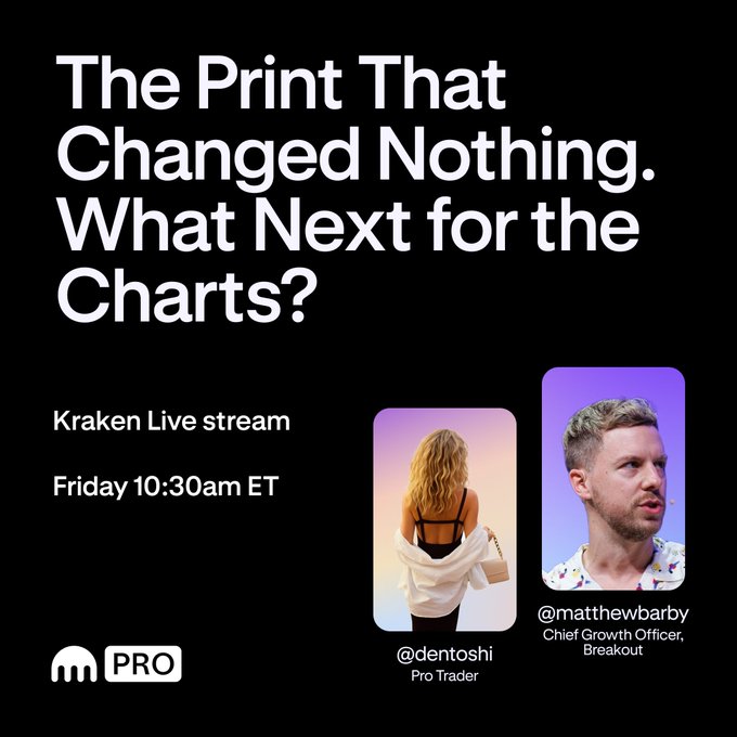 A black promotional graphic for a Kraken Live stream titled "The Print That Changed Nothing. What Next for the Charts?" scheduled for Friday at 10:30am ET, featuring photos of Pro Trader @dentoshi and Breakout's Chief Growth Officer @matthewbarby alongside the Kraken Pro logo. The image directly illustrates the accompanying post announcing the live discussion between the two featured guests.