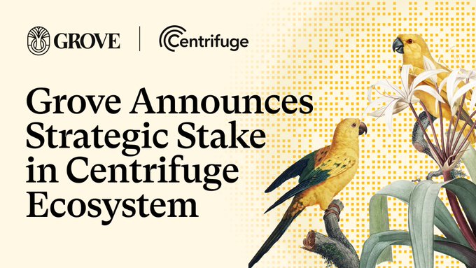 An announcement graphic titled 'Grove Announces Strategic Stake in Centrifuge Ecosystem' featuring logos for Grove and Centrifuge alongside illustrations of yellow parrots on a branch.