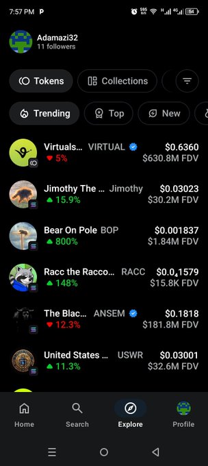 A mobile crypto/NFT app screen showing trending tokens including Virtuals (VIRTUAL), Jimothy, Bear On Pole (BOP), and Racc.