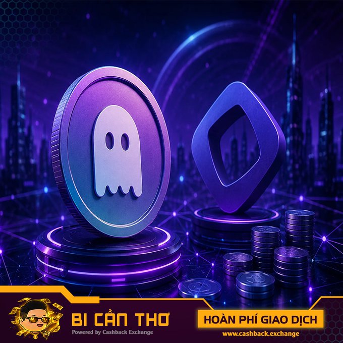 A promotional cryptocurrency image featuring ghost-themed and diamond-shaped tokens on purple-lit pedestals with city skyline background, advertising 'Bí Cân Thơ - Hoàn Phí Giao Dịch' (Transaction Fee Refund) by Cashback Exchange.