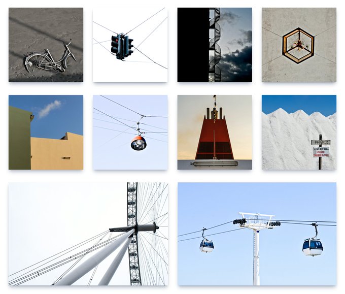 A grid of 10 photographs featuring minimalist, geometric compositions of urban infrastructure including a bicycle, traffic light, clouds, a hex frame, buildings, a light bulb, a structure against sunset, a white mountain, a cable-stayed bridge, and cable cars.