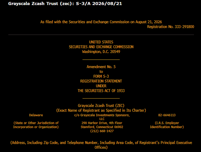 This image shows the cover page of Amendment No. 5 to Form S-3 Registration Statement filed with the SEC on August 21, 2026, for Grayscale Zcash Trust (ZEC) under Registration No. 333-291800, indicating progress toward a potential Zcash ETF conversion as referenced in the accompanying post about the $ZCSH/$ZEC filing.