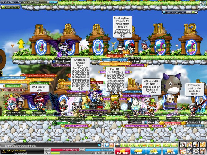 The image shows a screenshot of a player crowded Free Market in MapleStory, with avatars gathered near numbered portal doors (7-12) and various chat bubbles above them, including one asking "can I read ur message again??" and another complaining about "12 Slot Mineral Bags S++ Crystals," highlighting the chaotic, meme-filled trading atmosphere. This relates to "imagine trading memecoins here" by drawing a parallel between the overwhelming, signal-cluttered crowd of the in-game marketplace and the chaotic, information-overloaded experience of trading memecoins.