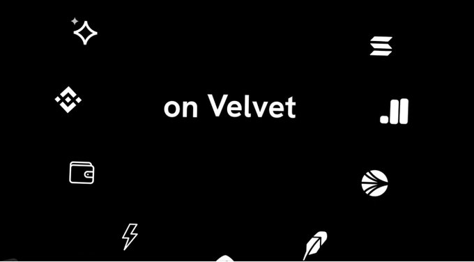 A black screen with various white icons (sparkle, menu, bar chart, wallet, Discord, bolt, feather) surrounding the centered text 'on Velvet'.