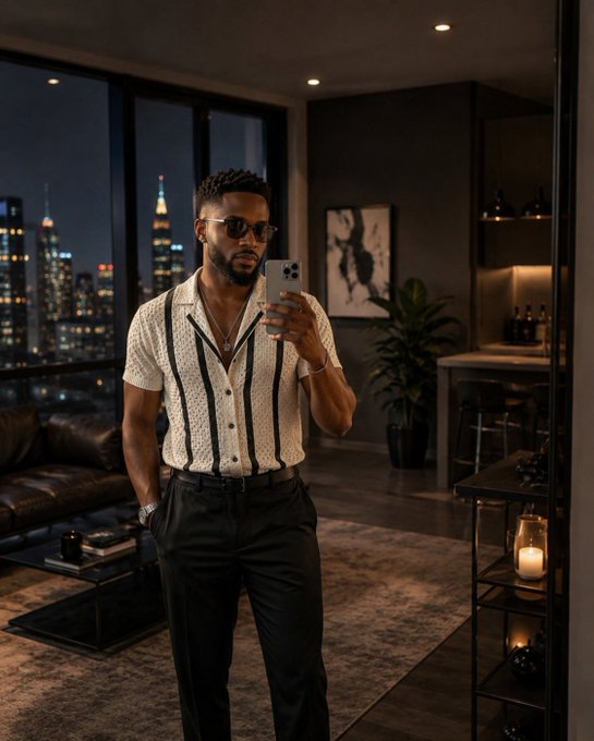 A stylish man wearing sunglasses and a white knit polo shirt takes a mirror selfie in a modern high-rise apartment with a nighttime city skyline view.