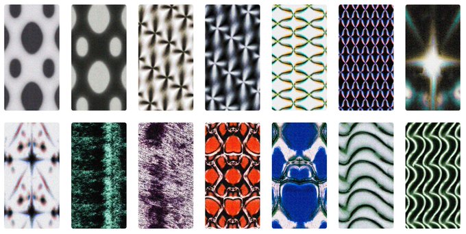 A grid of fourteen abstract kaleidoscopic pattern thumbnails featuring various designs, dots, and waves in multiple colors.