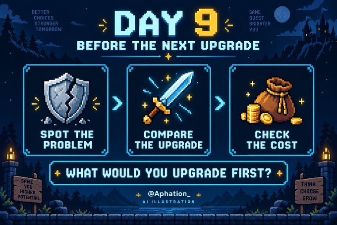 A pixel-art style illustration titled 'DAY 9 BEFORE THE NEXT UPGRADE' showing three icons representing 'SPOT THE PROBLEM' (broken shield), 'COMPARE THE UPGRADE' (sword), and 'CHECK THE COST' (gold coins), with the question 'WHAT WOULD YOU UPGRADE FIRST?' and credited to @Aphation_ AI ILLUSTRATION.