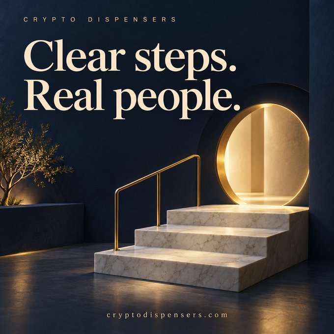 An advertisement for Crypto Dispensers featuring the text 'Clear steps. Real people.' and 'cryptodispensers.com' next to an image of marble stairs leading to an illuminated circular doorway.
