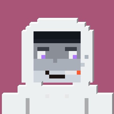 A pixel art character depicting a gray-skinned figure with white hood/head covering, purple glowing eyes, and a black visor-like feature on the forehead against a mauve background.