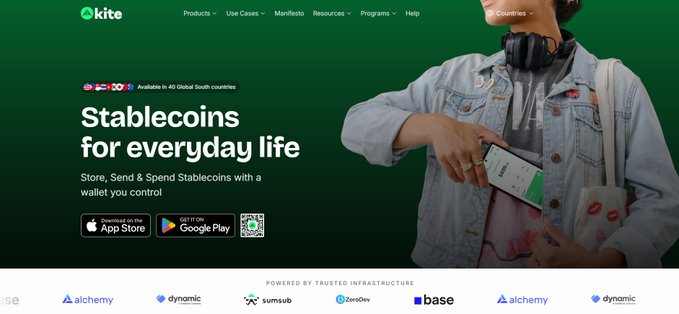 The Kite website advertises 'Stablecoins for everyday life' with options to download on the App Store or Google Play.