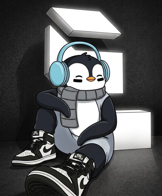 A cartoon penguin wearing blue headphones, a gray scarf, and Nike Air Jordan sneakers lounges against a glowing "N" logo, matching the chill weekend vibe of the "good morning and happy weekend everyone" post about NFTs.