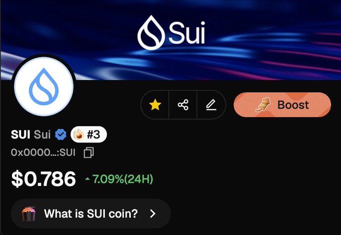 Screenshot of the SUI cryptocurrency page showing a price of $0.786 with a 24-hour increase of 7.09%.