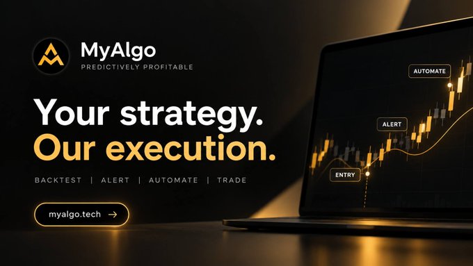 This image is an advertisement for MyAlgo featuring the tagline "Predictively Profitable" with the headline "Your strategy. Our execution." It showcases a laptop displaying a trading chart with labeled points for "Entry," "Alert," and "Automate," highlighting the platform's ability to help traders implement and automate their trading strategies.

The visual directly supports the post's message by illustrating how MyAlgo addresses the execution problem—rather than needing a new strategy, traders can use the platform's backtesting, alert, and automation features to faithfully execute their existing rules, removing the emotional and manual errors (like entering early or moving stops) that often undermine good setups.