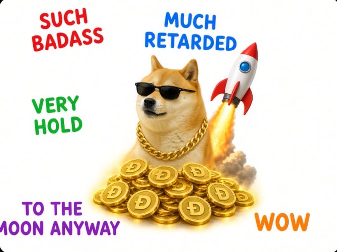 A Dogecoin-themed meme featuring a Shiba Inu dog wearing sunglasses and a gold chain, sitting on a pile of Dogecoins with a rocket, surrounded by colorful doge-speak phrases like 'SUCH BADASS', 'MUCH RETARDED', 'VERY HOLD', 'TO THE MOON ANYWAY', and 'WOW'.