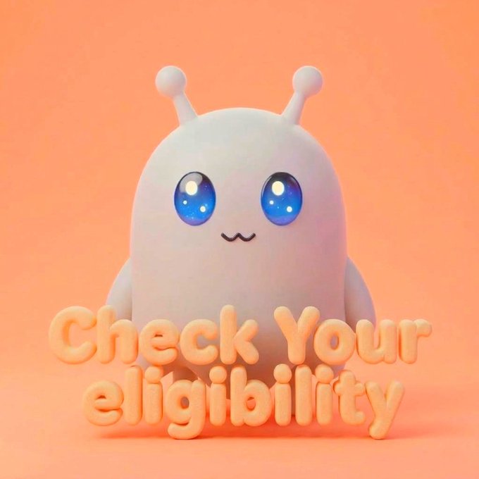 A cute white cartoon alien character with large blue eyes stands against a peach background above bubble-letter text reading "Check Your eligibility," prompting users to verify if they qualify as top 50 holders from the listed NFT collections to mint the free Nullhood NFT on Robinhood chain.