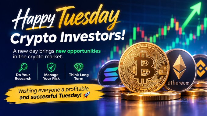 The image features a vibrant crypto-themed graphic with physical Bitcoin, Ethereum, and Binance coin tokens set against a backdrop of a green upward-trending candlestick chart, accompanied by the text "Happy Tuesday Crypto Investors!" along with investment tips: "Do Your Research," "Manage Your Risk," and "Think Long Term." The visual reinforces the post's motivational message about embracing new opportunities and disciplined investing in the crypto market for a profitable Tuesday.