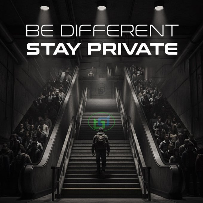 A dark promotional graphic with the text "BE DIFFERENT STAY PRIVATE" above a person walking up a staircase flanked by escalators full of people, with a green and blue circular logo in the center.