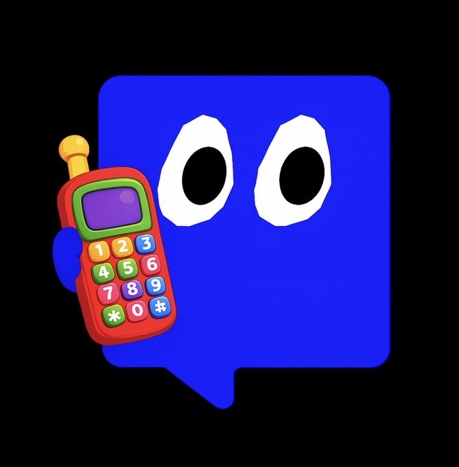 A blue speech bubble cartoon character with large eyes holding a red toy phone with colorful buttons.